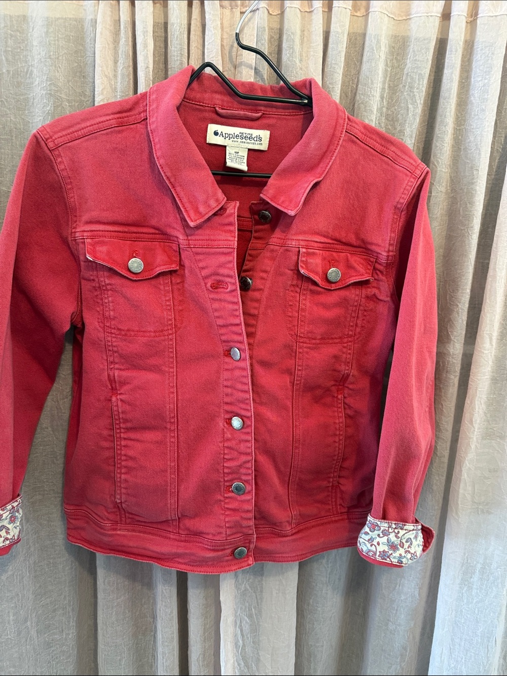 Appleseed's Pink-Red Women's Denim Jacket with Floral Cuffs